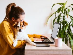 woman and dog working at a laptop from home