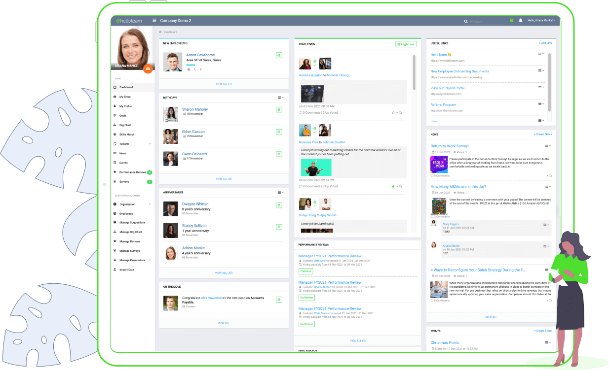 HelloTeam Social Workplace Dashboard screenshot